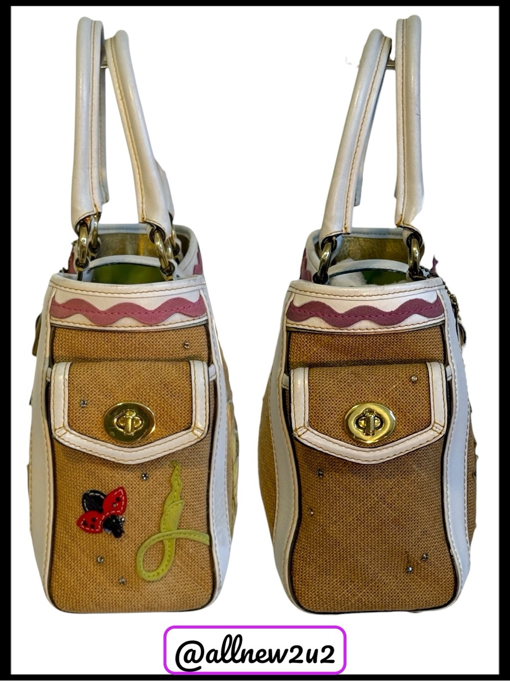 Coach Limited Edition Leafy Lady Bug Boxy Straw / Burlap & Leather Bag Host Pick - Picture 3 of 13